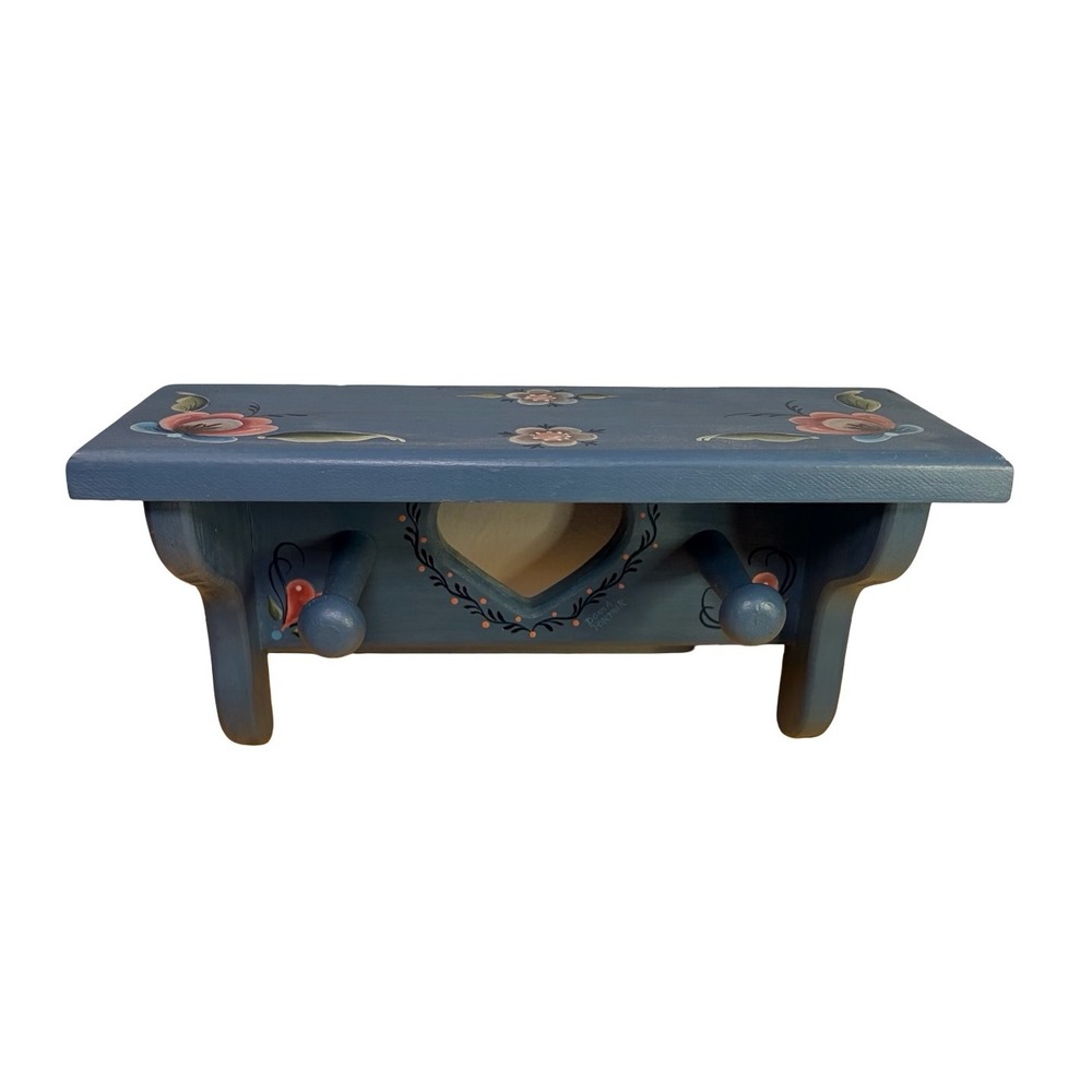 VTG Folk Art Wooden Wall Shelf Peg Rack Blue Floral Hand Painted Heart Cutout